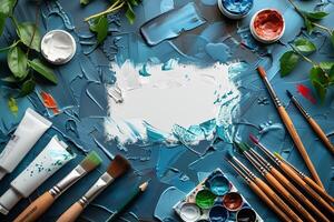 Collection of various paint brushes and open tubes of paint arranged on a table photo