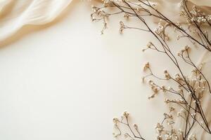 White flowers and beige fabric are laying on a beige surface, creating a neutral background with copy space photo