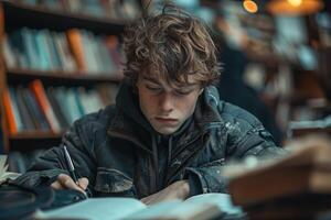 A young man sitting at a table in front of a bookshelf studying textbooks photo