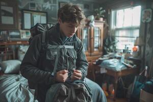 A boy in a room putting items into a backpack while looking at a cellphone photo