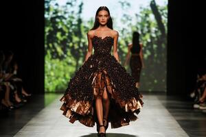 Fashion model walking the runway wearing a coffee bean dress photo