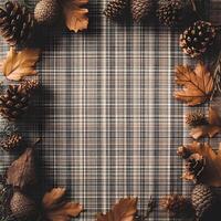 Autumnal Frame with Pine Cones Leaves and Plaid Background photo