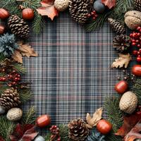 Autumnal Wreath with Pine Cones Nuts and Leaves on Plaid Background photo