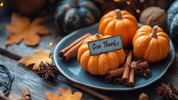Thanksgiving Table Setting with Pumpkins Cinnamon Sticks and Star Anise photo