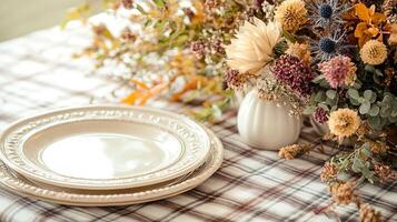 Rustic Fall Table Setting with Dried Flowers and Plate photo