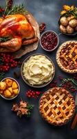 Thanksgiving Dinner Table Setting with Roasted Turkey Mashed Potatoes Pies Cranberries and Potatoes photo