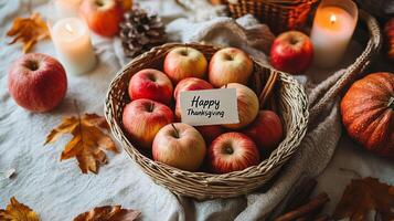 Happy Thanksgiving Still Life with Apples Candles and Autumn Leaves photo