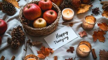Happy Thanksgiving Table Setting with Apples Candles and Fall Decor photo