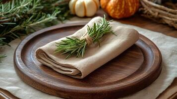 Rustic Table Setting with Rosemary and Linen Napkin on Wooden Plate photo