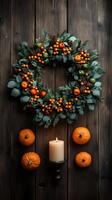 Fall Wreath with Pumpkins and Candle on Rustic Wood Background photo
