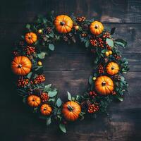 Autumn Wreath with Pumpkins Pine Cones and Berries on Rustic Wood Background photo