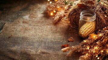 Rustic Autumnal Background with Corn Cob Hay and String Lights photo