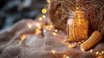 Golden Corn Kernels in Jar with Rustic Burlap and Twinkle Lights photo