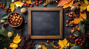 Autumn Leaves and Nuts with Empty Blackboard for Text photo