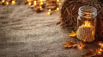 Rustic Autumn Background with Corncob Candle and Twinkle Lights photo