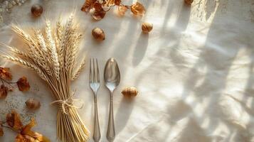 Autumn Table Setting with Wheat Acorn and Silverware photo