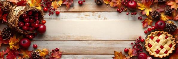 Autumnal Thanksgiving Table Setting with Apple Pie Cornucopia and Fall Foliage photo