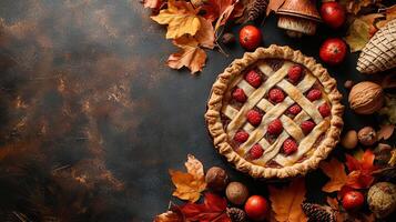 Autumn Raspberry Pie with Fall Leaves and Nuts photo
