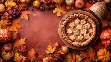Autumn Thanksgiving Pie With Fall Leaves And Pumpkins photo