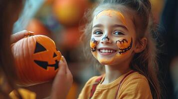 Happy Little Girl with Halloween Pumpkin Face Paint and Jack O Lantern photo