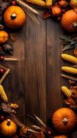 Autumnal Thanksgiving Background with Pumpkins Corn and Wheat on Rustic Wooden Surface photo