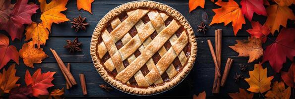 Homemade Pumpkin Pie with Autumn Leaves and Spices on Rustic Wooden Table photo