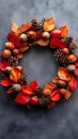 Autumn Wreath with Pine Cones Acorns and Leaves on Gray Background photo
