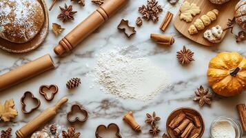 Autumn Baking Flat Lay with Flour Rolling Pins and Spices on Marble Background photo