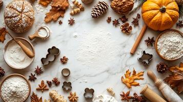 Autumn Baking Flat Lay with Flour Rolling Pin and Cookie Cutters photo
