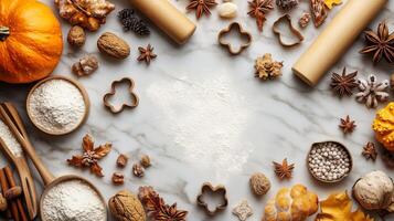 Autumn Baking Ingredients Flat Lay with Flour Rolling Pin Nuts and Spices photo