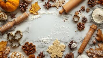 Autumn Baking Background with Rolling Pin Flour and Leaves photo