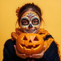Halloween Girl with Sugar Skull Makeup and Carved Pumpkin photo