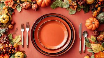 Autumnal Table Setting with Orange Plates Pumpkins and Fall Decorations photo