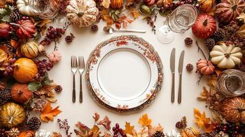 Autumn Table Setting with Pumpkins Leaves and Grapes photo