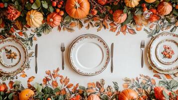 Autumn Table Setting with Floral Plates Pumpkins and Leaves photo