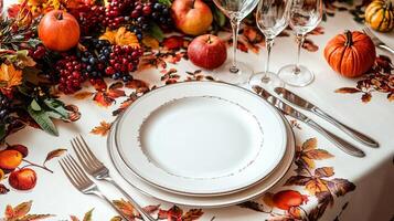 Fall Table Setting with White Plates and Silverware photo