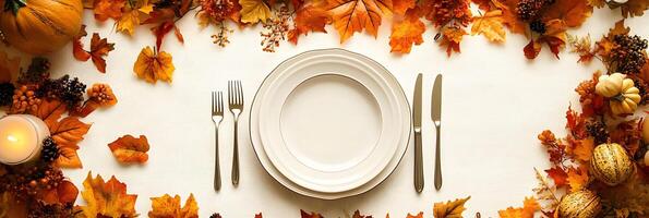 Fall Table Setting with Autumn Leaves and Pumpkins photo