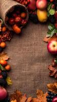 Fall Harvest Frame with Apples Berries and Leaves on Burlap photo