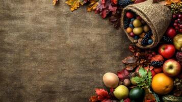 Autumn Harvest Background with Fall Fruits and Berries on Burlap photo