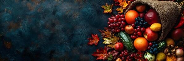 Autumn Harvest Abundance with Grapes Apples and Fall Leaves on Rustic Blue Background photo