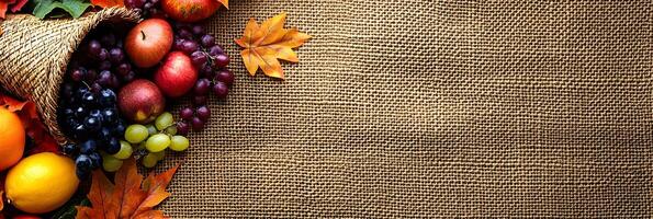 Fall Harvest with Apples Grapes and Oranges on Burlap photo