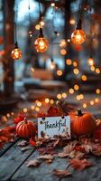 Thanksgiving Table Setting with Pumpkins Autumn Leaves and String Lights photo