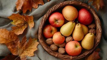Autumn Harvest Apples Pears and Walnuts in Wicker Basket with Fall Leaves photo