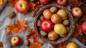 Autumn Harvest Apples Pears Walnuts and Fall Leaves photo