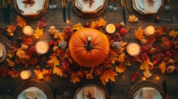 Autumnal Thanksgiving Table Setting with Pumpkin and Candles photo