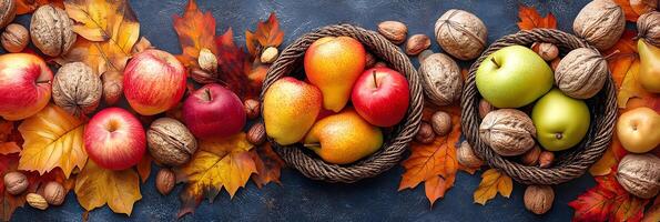 Autumn Harvest with Apples Pears Walnuts and Leaves photo