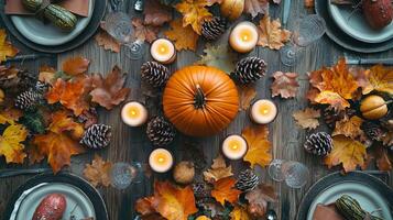Autumn Table Setting with Pumpkins Candles and Fall Leaves photo