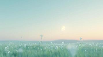 A field of grass with flowers and a sunset photo