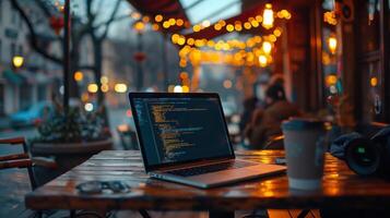 Coding laptop on outdoor cafe table at twilight with warm festive lights in background photo