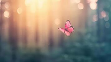 Pink butterfly in forest with sunlight and bokeh background photo